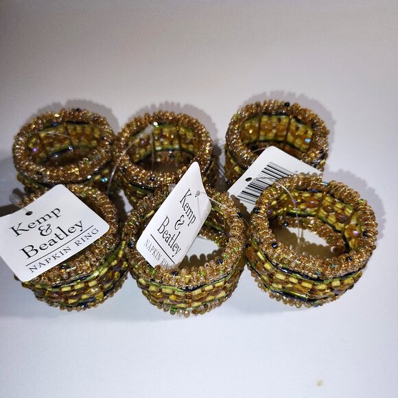 KEMP & BEATLEY 6 EARTH TONE BEADED NAPKIN RINGS MADE IN INDIA BEADS N BEADS - Picture 1 of 4